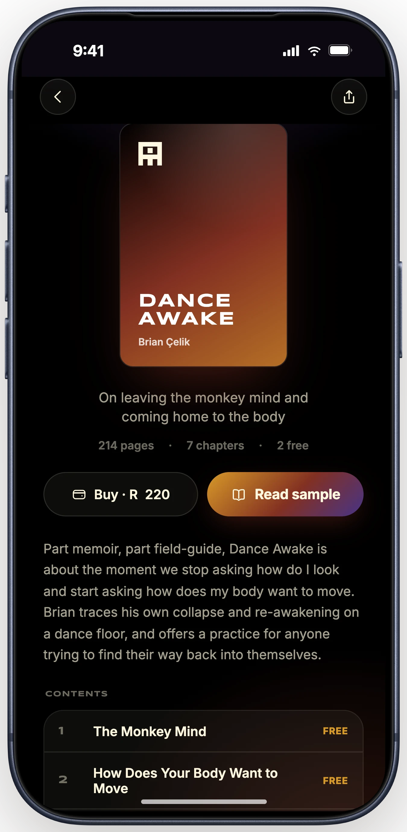 The book inside the app: the cover, what it is about, a sample to read and the chapters.