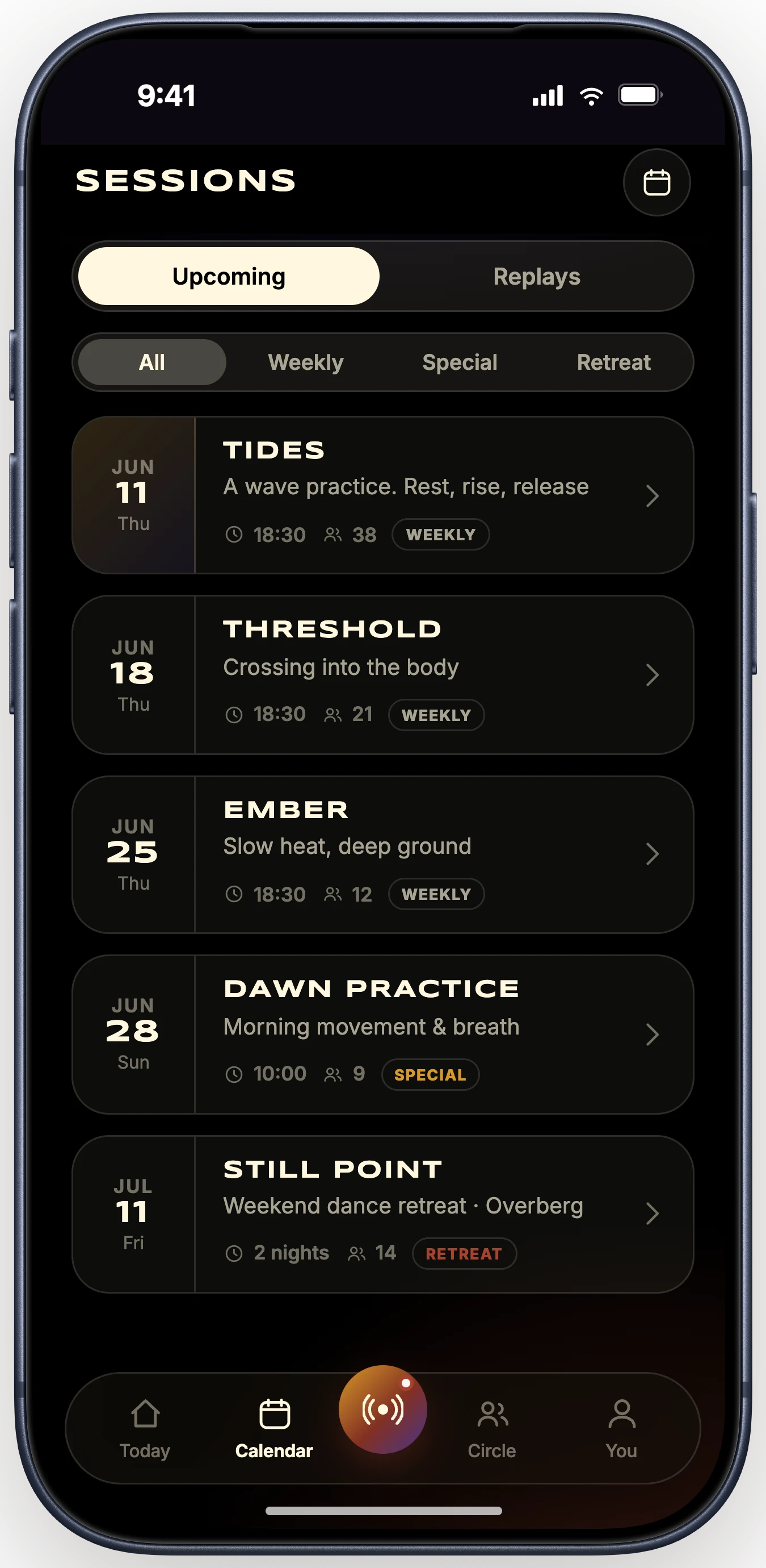 The sessions list: the weekly dances, a morning practice and a weekend retreat, each with its time and how many are going.
