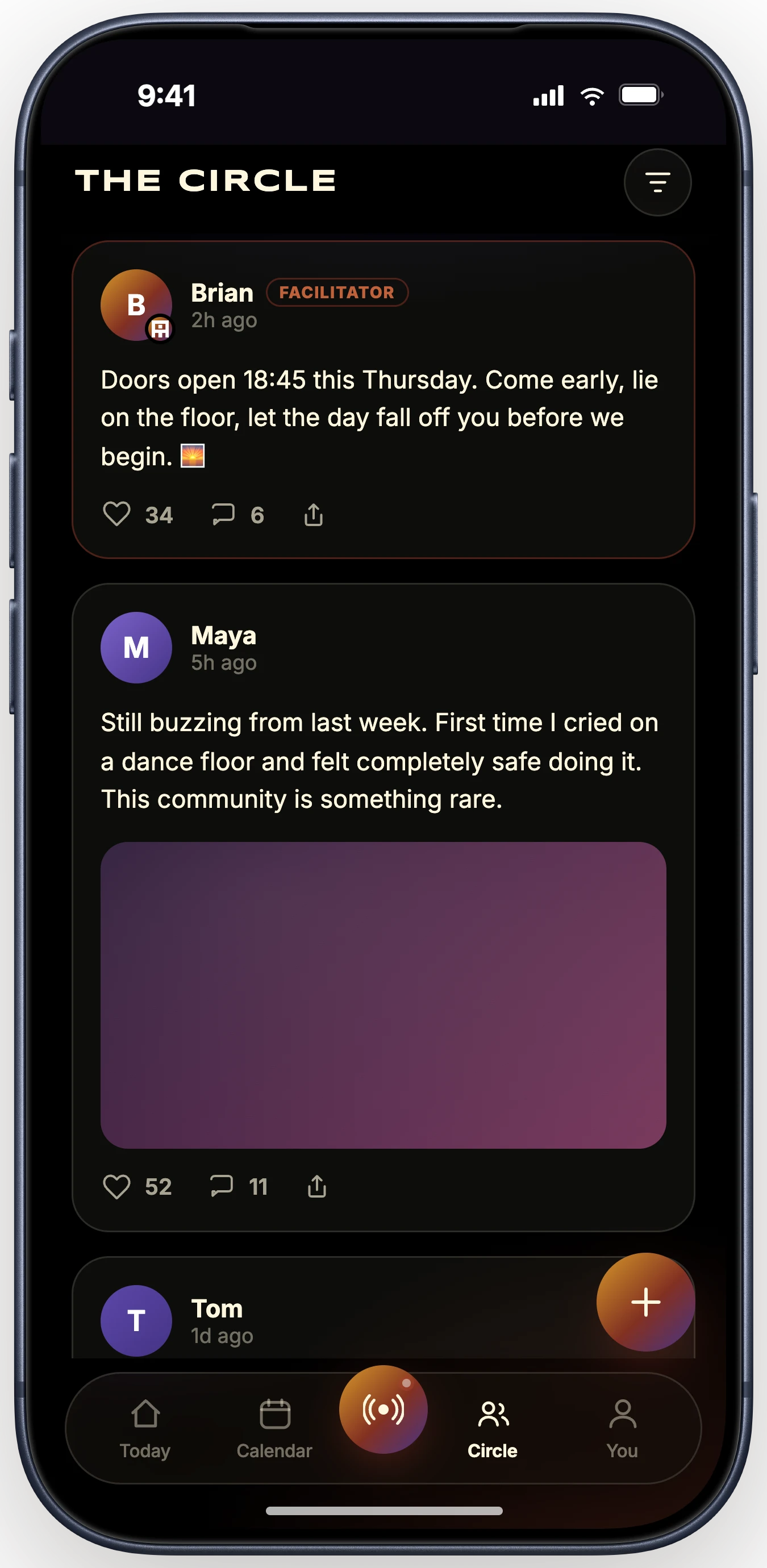 The circle: posts from the room after the dance, with photos, replies and a track someone shared.