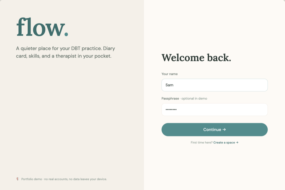 The flow welcome screen: the wordmark and its tagline, a quieter place for your DBT practice.