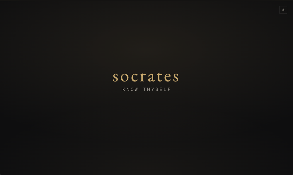 Socrates home screen: the wordmark and the line know thyself.