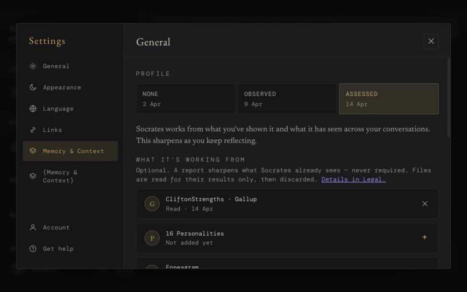 The memory and context settings: how much of a profile it holds, and which reports it has been shown.