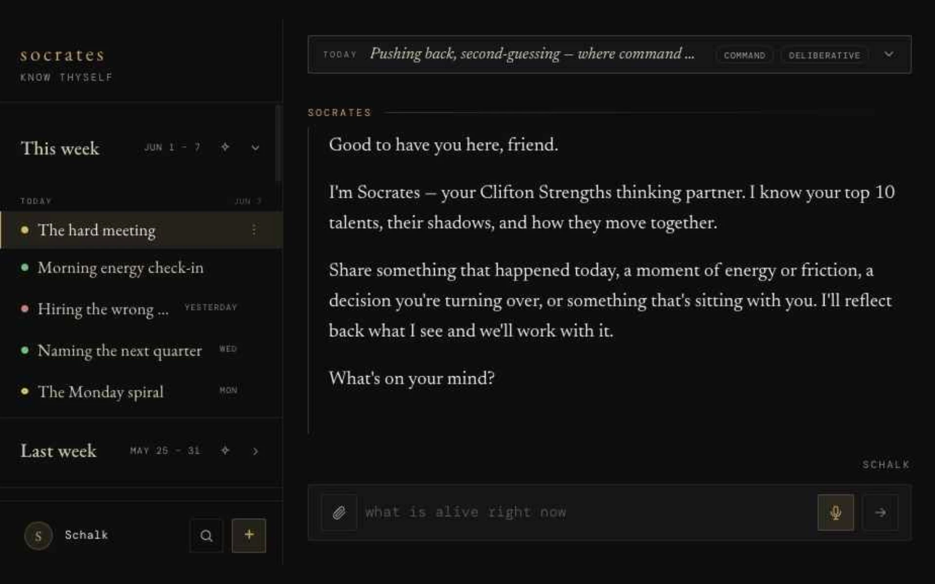 The thread list down the left, each conversation named by what it was about, beside the conversation itself.